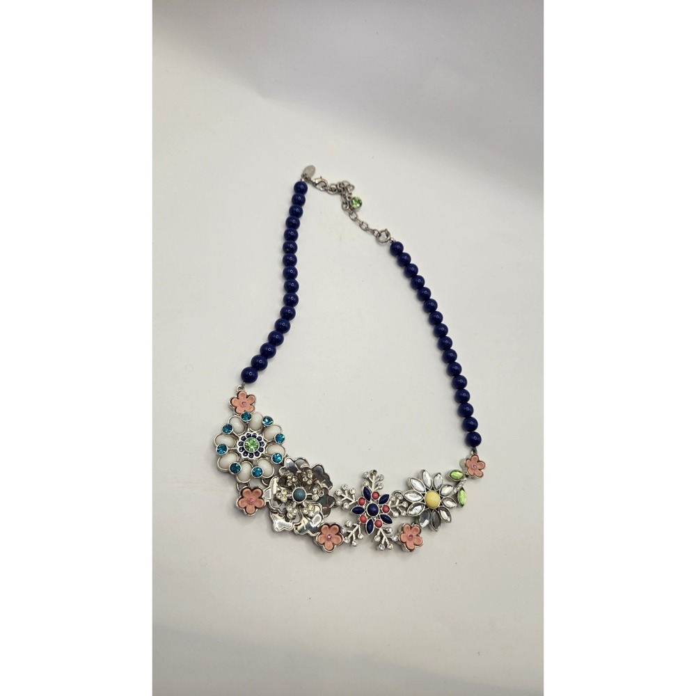 La Sophia Full Bloom Blue Beaded Floral Statement Necklace Rhinestone Bib
